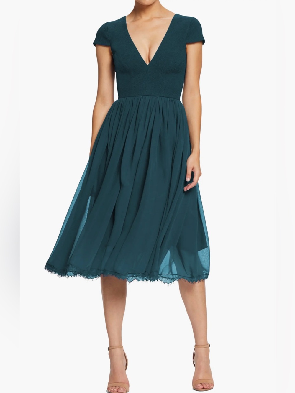 Women’s DRESS THE POPULATION Teal* Deep-V Fit&Flare Cocktail Midi Dress